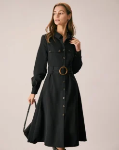The Black Belted Button-Down Shirt Midi Dress