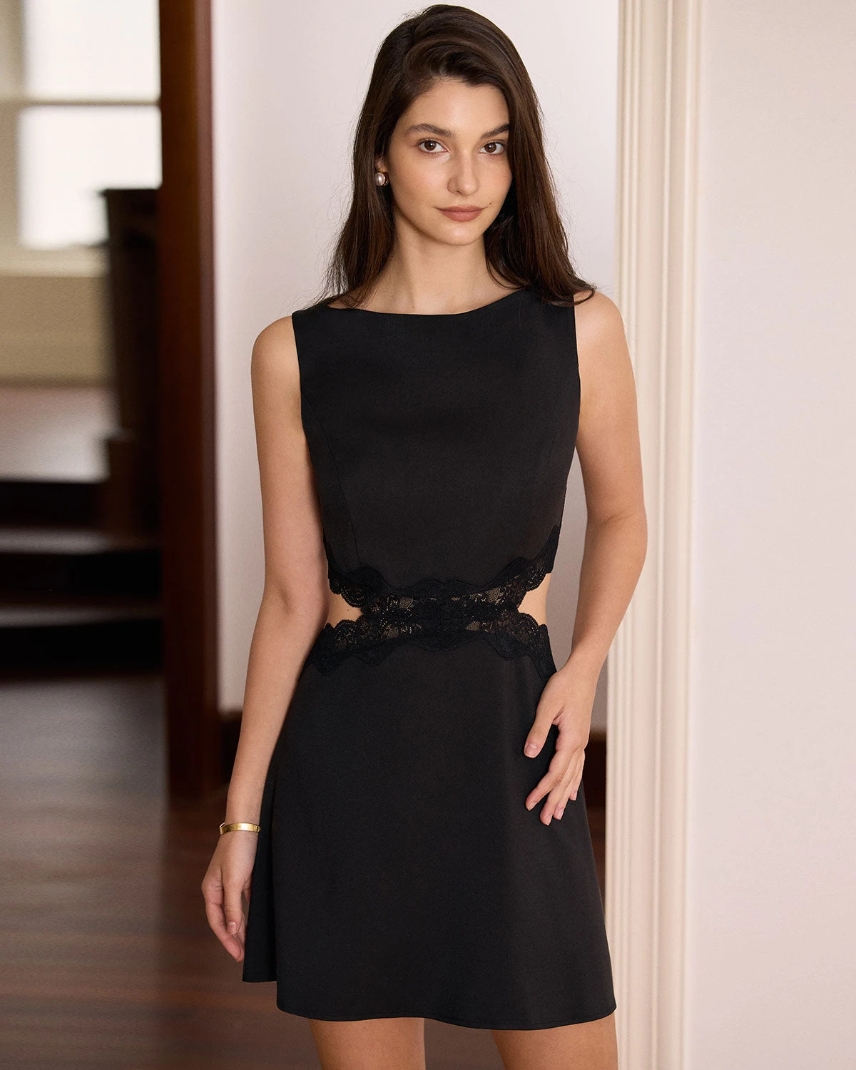 The Black Boat Neck Lace Cutout Mini Dress 4 The Black Boat Neck Lace Cutout Mini Dress - Image 4