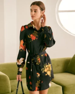The Black Lapel Button Floral Satin Mini Dress -Deals Dress N Swimwear Store the black collared floral satin mini dress black dresses hqtvwn
