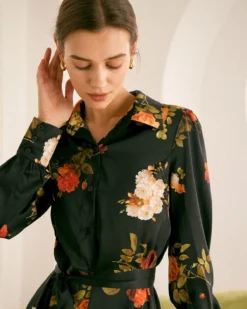 The Black Lapel Button Floral Satin Mini Dress -Deals Dress N Swimwear Store the black collared floral satin mini dress dresses 79w7hq