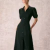 The Black Lapel Button Puff Sleeve Midi Dress