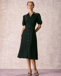 The Black Lapel Button Puff Sleeve Midi Dress -Deals Dress N Swimwear Store the black collared puff sleeve midi dress dresses 2ymrdn