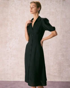The Black Lapel Button Puff Sleeve Midi Dress -Deals Dress N Swimwear Store the black collared puff sleeve midi dress dresses aapnsr