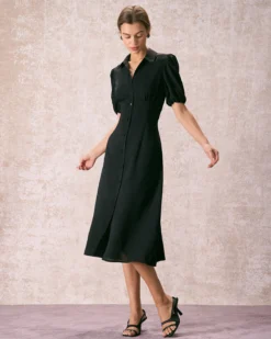 The Black Lapel Button Puff Sleeve Midi Dress -Deals Dress N Swimwear Store the black collared puff sleeve midi dress dresses dqjetk