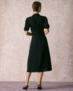 The Black Lapel Button Puff Sleeve Midi Dress -Deals Dress N Swimwear Store the black collared puff sleeve midi dress dresses dwoxci