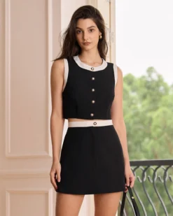 The Black High-waisted Colorblock Button Mini Skirt -Deals Dress N Swimwear Store the black colorblock button mini skirt bottoms 4rdx7o