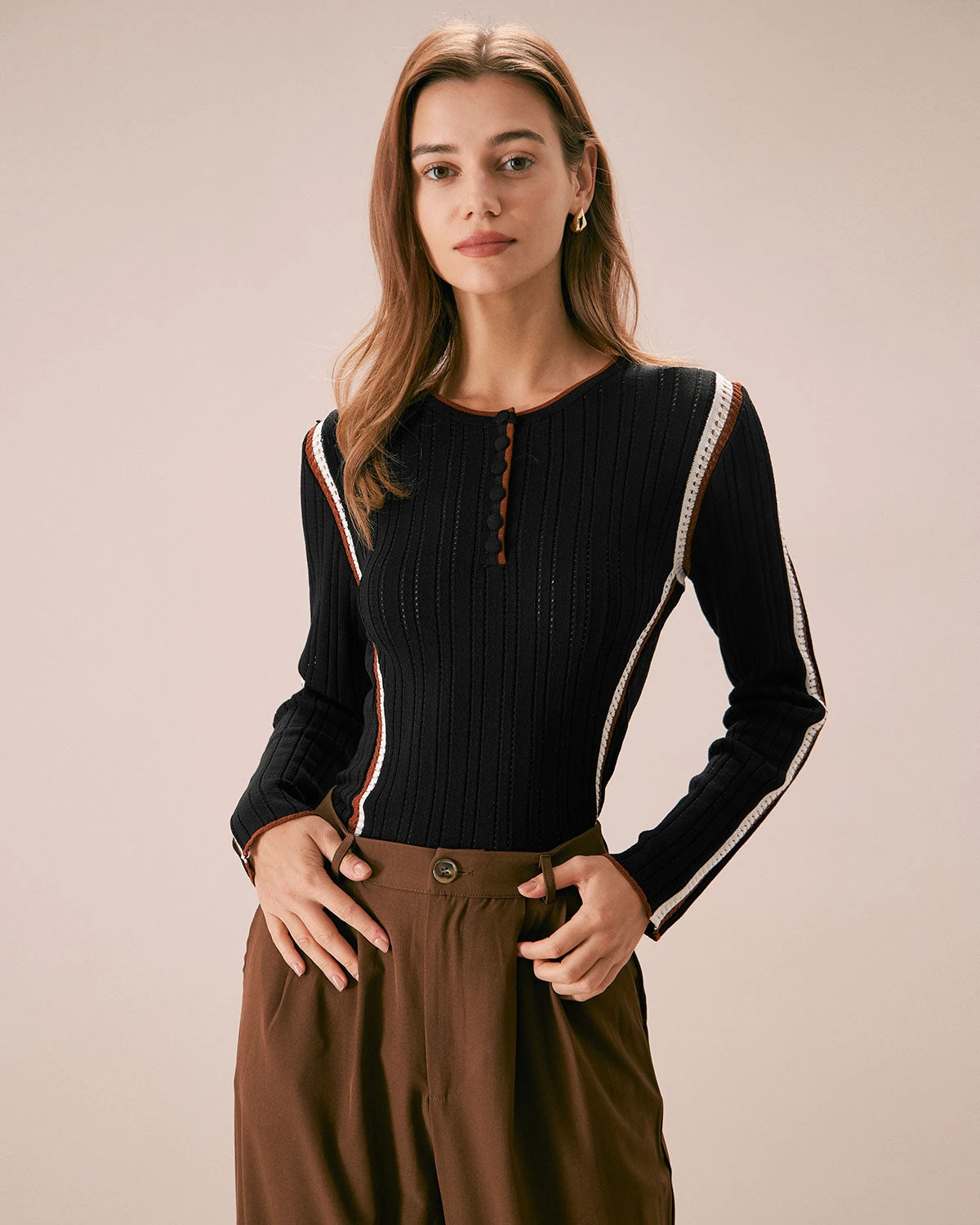 The Black Contrast Trim Pointelle Knit Top 2 The Black Contrast Trim Pointelle Knit Top - Image 2