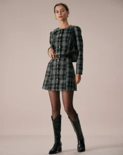 The Black Crew Neck Plaid A-Line Mini Dress