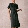 The Black Crew Neck Belted Satin Midi Dress
