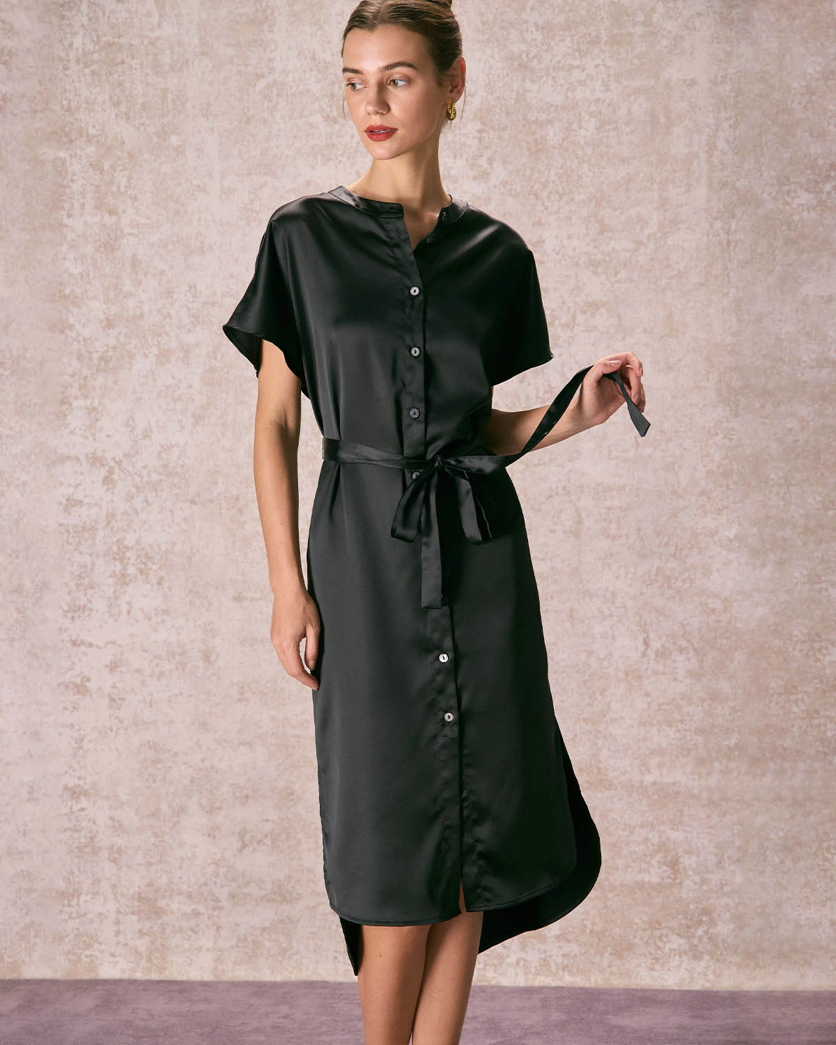 The Black Crew Neck Belted Satin Midi Dress 1 The Black Crew Neck Belted Satin Midi Dress