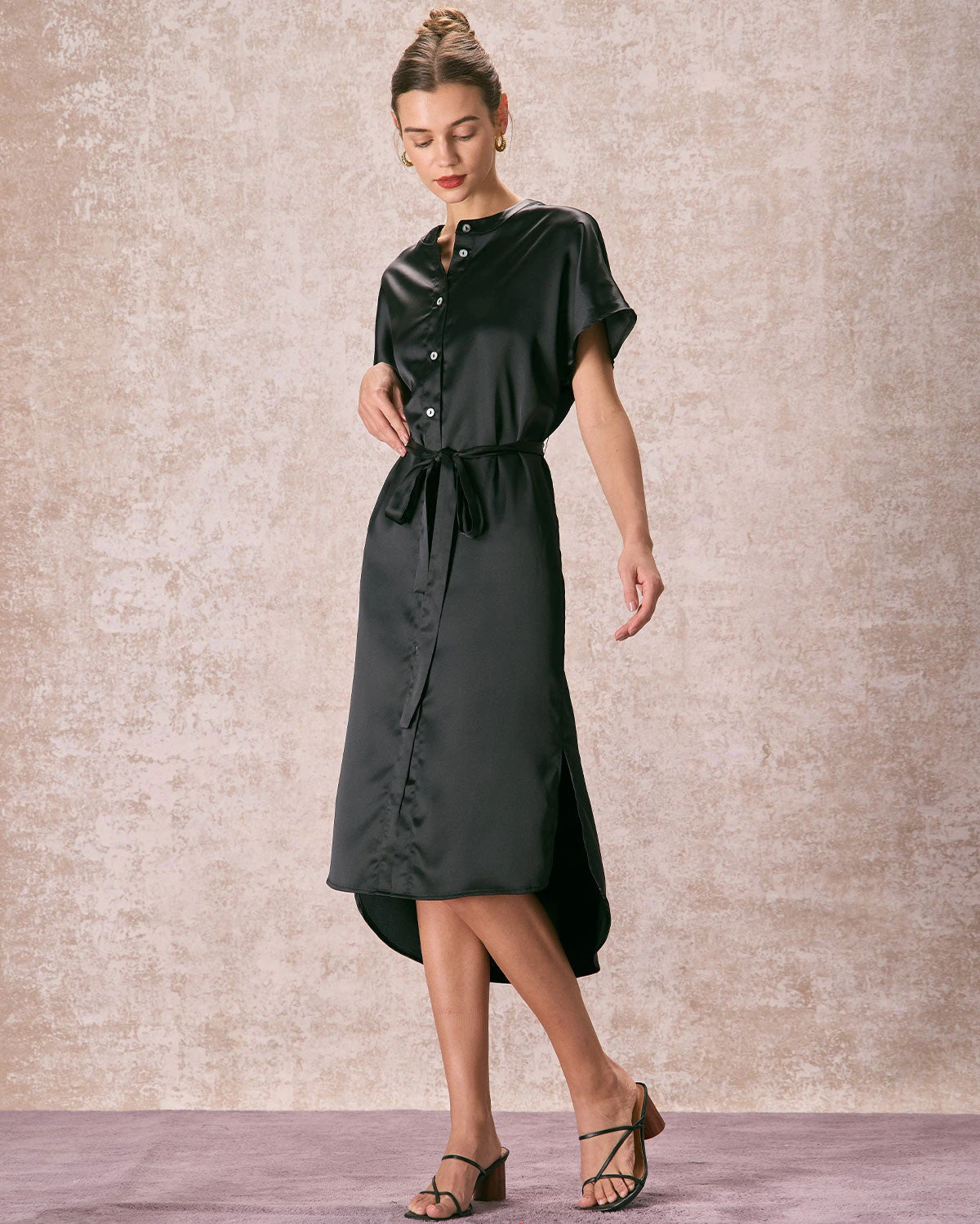 The Black Crew Neck Belted Satin Midi Dress 4 The Black Crew Neck Belted Satin Midi Dress - Image 4