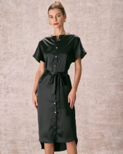 The Black Crew Neck Belted Satin Midi Dress 7 The Black Crew Neck Belted Satin Midi Dress -Deals Dress N Swimwear Store the black crew neck satin midi dress dresses koee6s