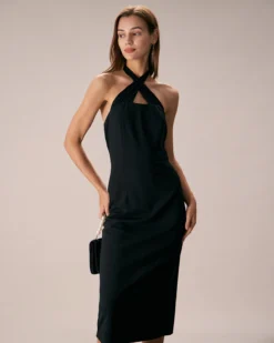 The Black Halter Criss Cross Front Midi Dress