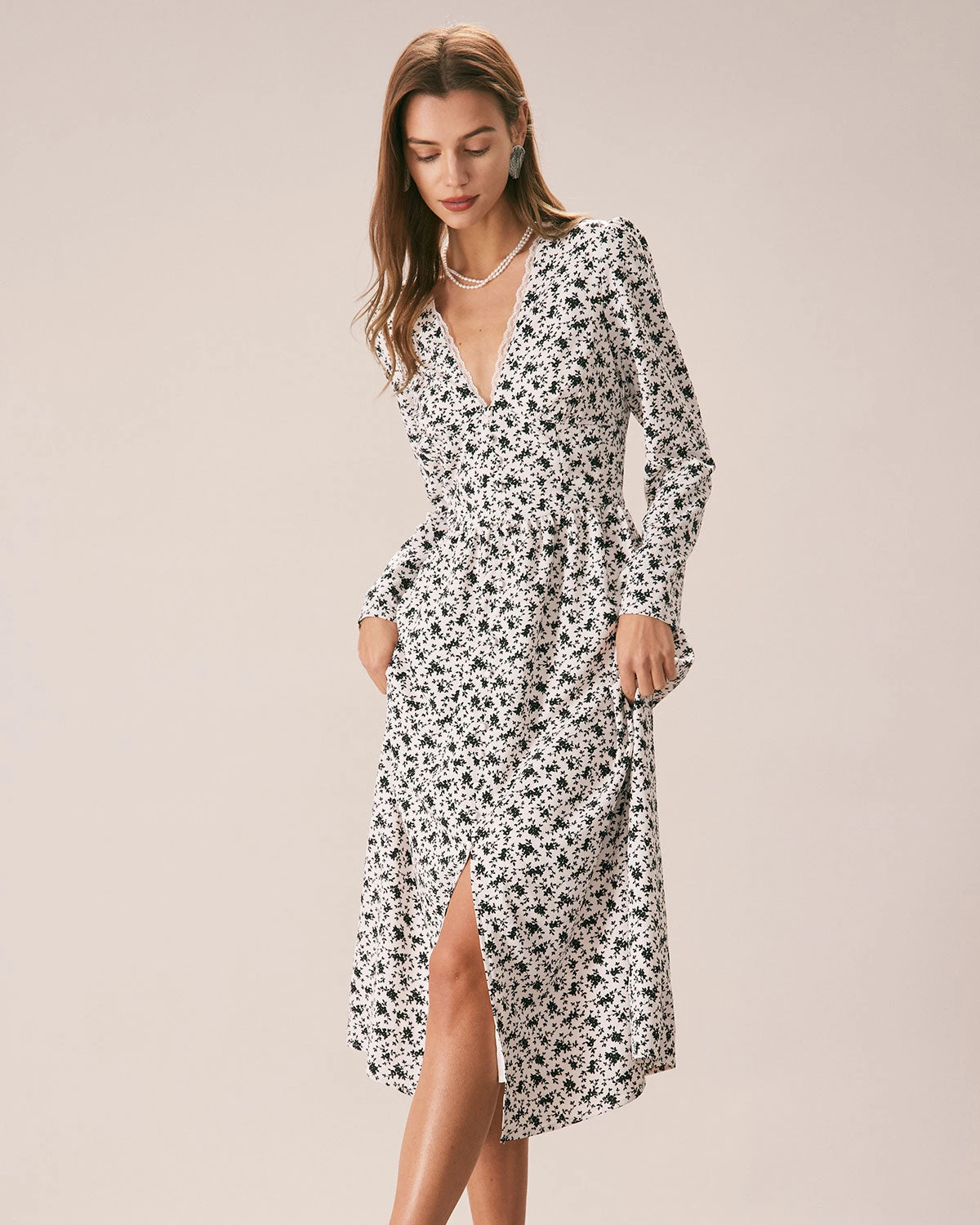 The Black Deep V Neck Floral Lace Midi Dress 1 The Black Deep V Neck Floral Lace Midi Dress