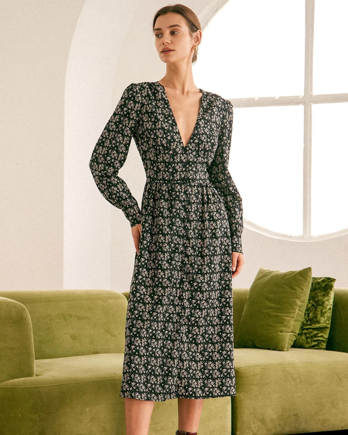 The Black Deep V Neck Floral Midi Dress 3 The Black Deep V Neck Floral Midi Dress - Image 3