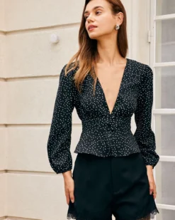 The Black V Neck Ruffle Polka Dot Blouse -Deals Dress N Swimwear Store the black deep v neck polka dot blouse tops aoyelj