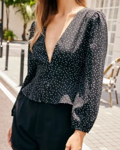 The Black V Neck Ruffle Polka Dot Blouse -Deals Dress N Swimwear Store the black deep v neck polka dot blouse tops jmozki