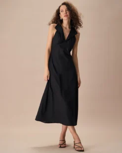 The Black Collared Frill Trim Linen Maxi Dress -Deals Dress N Swimwear Store the black frill trim maxi dress dresses lpscrw