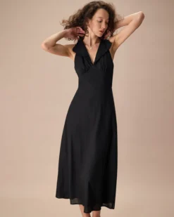 The Black Collared Frill Trim Linen Maxi Dress -Deals Dress N Swimwear Store the black frill trim maxi dress dresses mpuivw