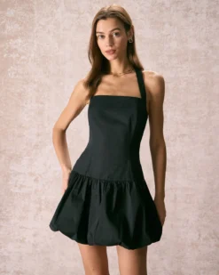 The Black Halter Pleated Sleeveless Mini Dress