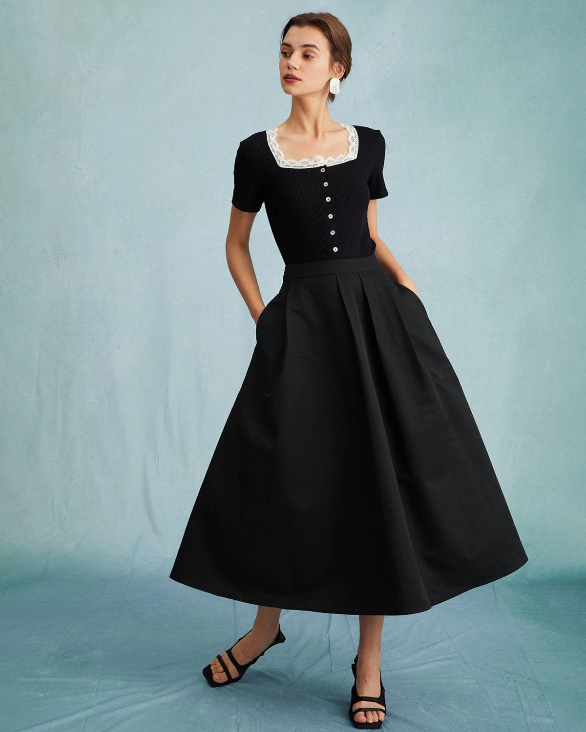 The Black Square Neck Ribbed Lace Trim Knit Tee 2 The Black Square Neck Ribbed Lace Trim Knit Tee - Image 2