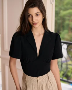 The Black Lapel Ruched Blouse -Deals Dress N Swimwear Store the black lapel ruched blouse black tops e9fxvh