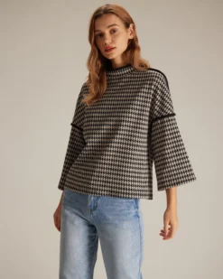 The Black Mock Neck Houndstooth Sweatshirt -Deals Dress N Swimwear Store the black mock neck houndstooth sweatshirt tops 93lgsq