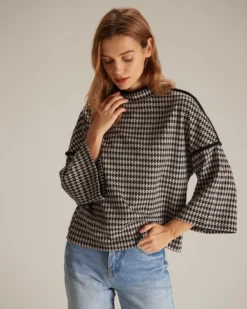 The Black Mock Neck Houndstooth Sweatshirt -Deals Dress N Swimwear Store the black mock neck houndstooth sweatshirt tops taecsk