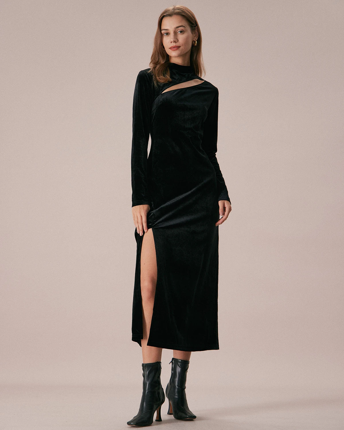 The Black Mock Neck Velvet Slit Maxi Dress 1 The Black Mock Neck Velvet Slit Maxi Dress