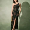 The Black One-Shoulder Floral Slit Maxi Dress