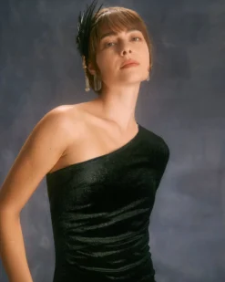 The Black One Shoulder Lurex Velvet Mini Dress -Deals Dress N Swimwear Store the black one shoulder velvet mini dress dresses tdksns