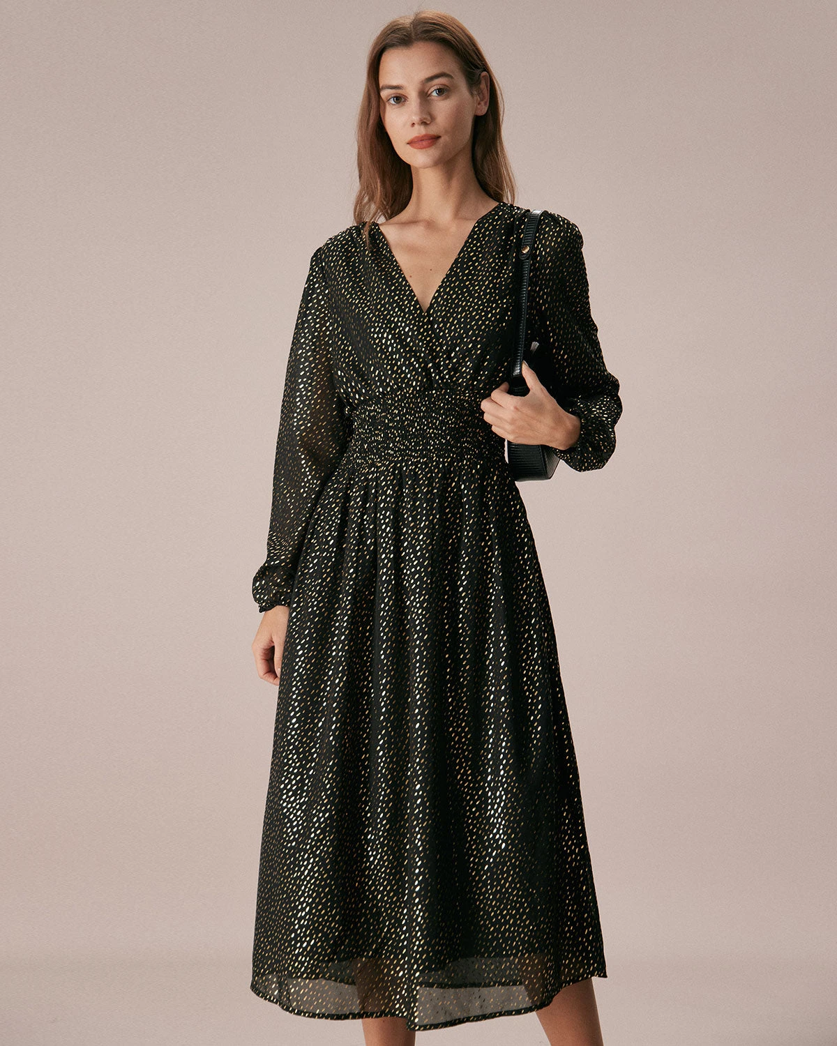 The Black V Neck Shirred Overlapping Midi Dress 1 The Black V Neck Shirred Overlapping Midi Dress