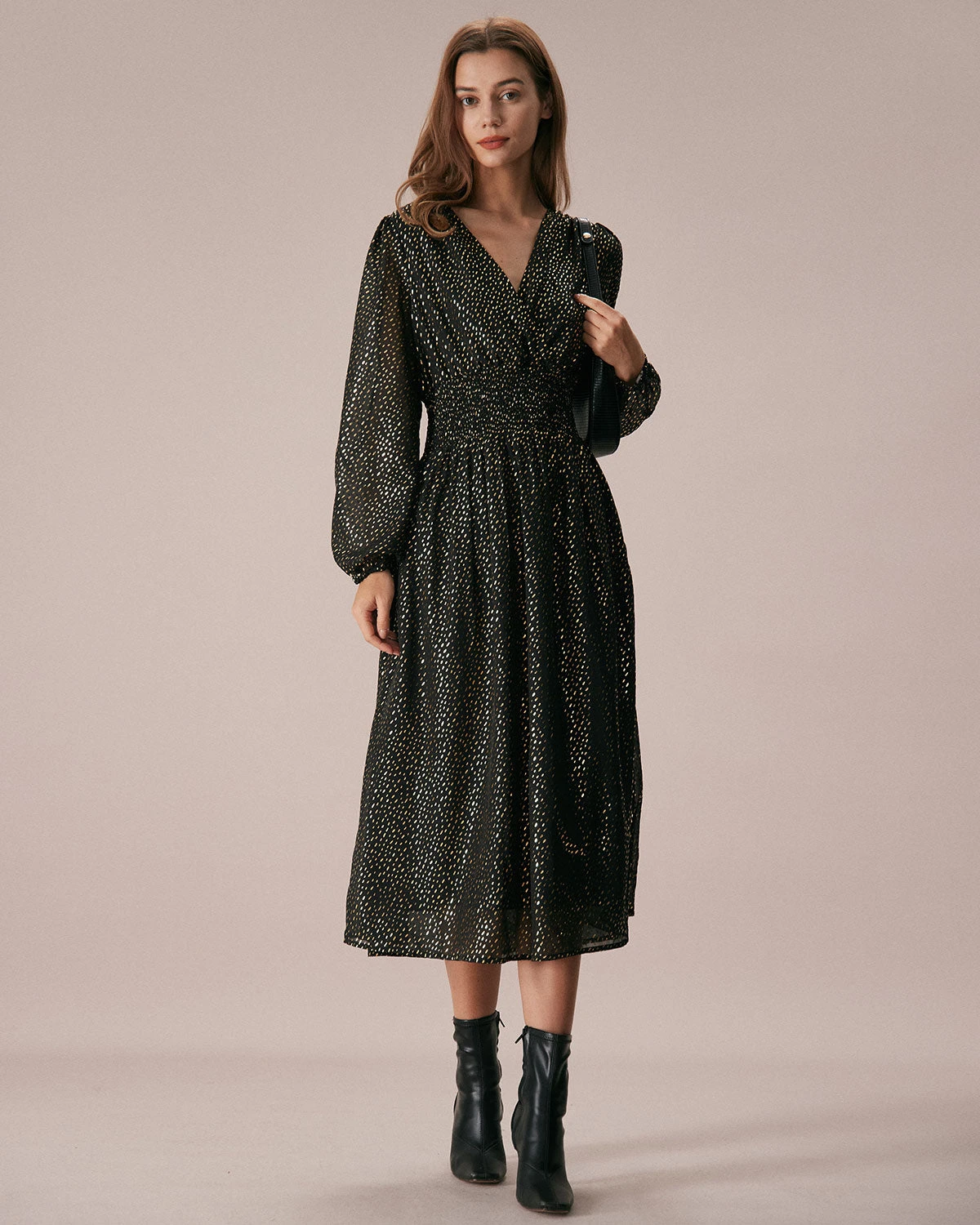 The Black V Neck Shirred Overlapping Midi Dress 3 The Black V Neck Shirred Overlapping Midi Dress - Image 3