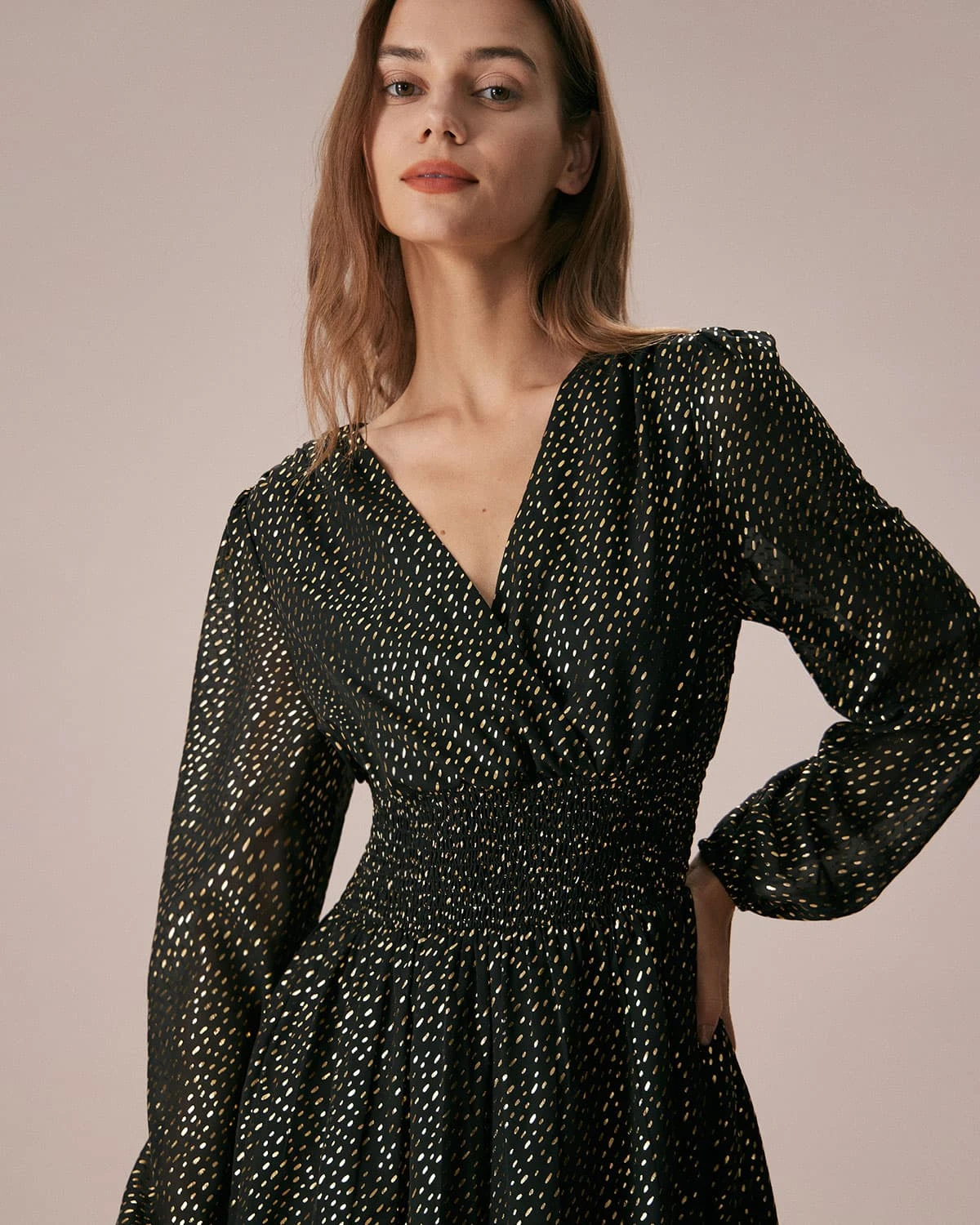 The Black V Neck Shirred Overlapping Midi Dress 2 The Black V Neck Shirred Overlapping Midi Dress - Image 2