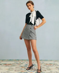 The Black High Waisted Plaid Button Mini Skort