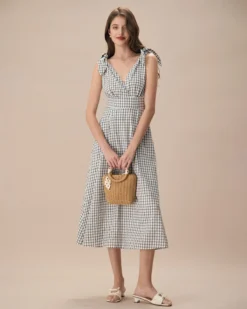 The Black V-Neck Plaid Tie Strap Cotton Midi Dress -Deals Dress N Swimwear Store the black plaid tie strap midi dress dresses o6lefk
