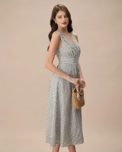 The Black V-Neck Plaid Tie Strap Cotton Midi Dress -Deals Dress N Swimwear Store the black plaid tie strap midi dress dresses xci4yd