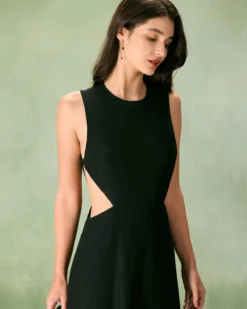 The Black Round Neck Cut-Out Midi Dress -Deals Dress N Swimwear Store the black round neck cut out midi dress dresses fzsien