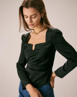 The Black Square Neck Ruched Satin Blouse 9 The Black Square Neck Ruched Satin Blouse -Deals Dress N Swimwear Store the black satin ruched blouse black tops 9sw1h0