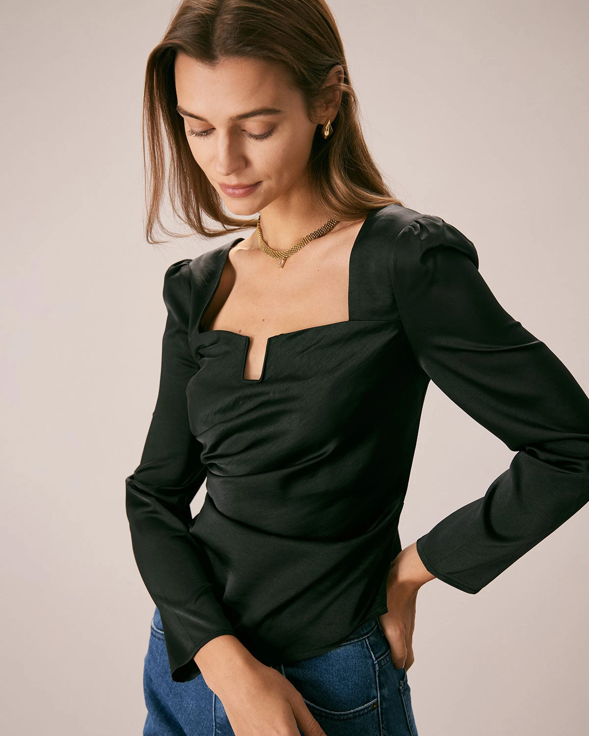 The Black Square Neck Ruched Satin Blouse 4 The Black Square Neck Ruched Satin Blouse - Image 4