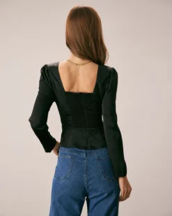 The Black Square Neck Ruched Satin Blouse 11 The Black Square Neck Ruched Satin Blouse -Deals Dress N Swimwear Store the black satin ruched blouse tops pymfwt
