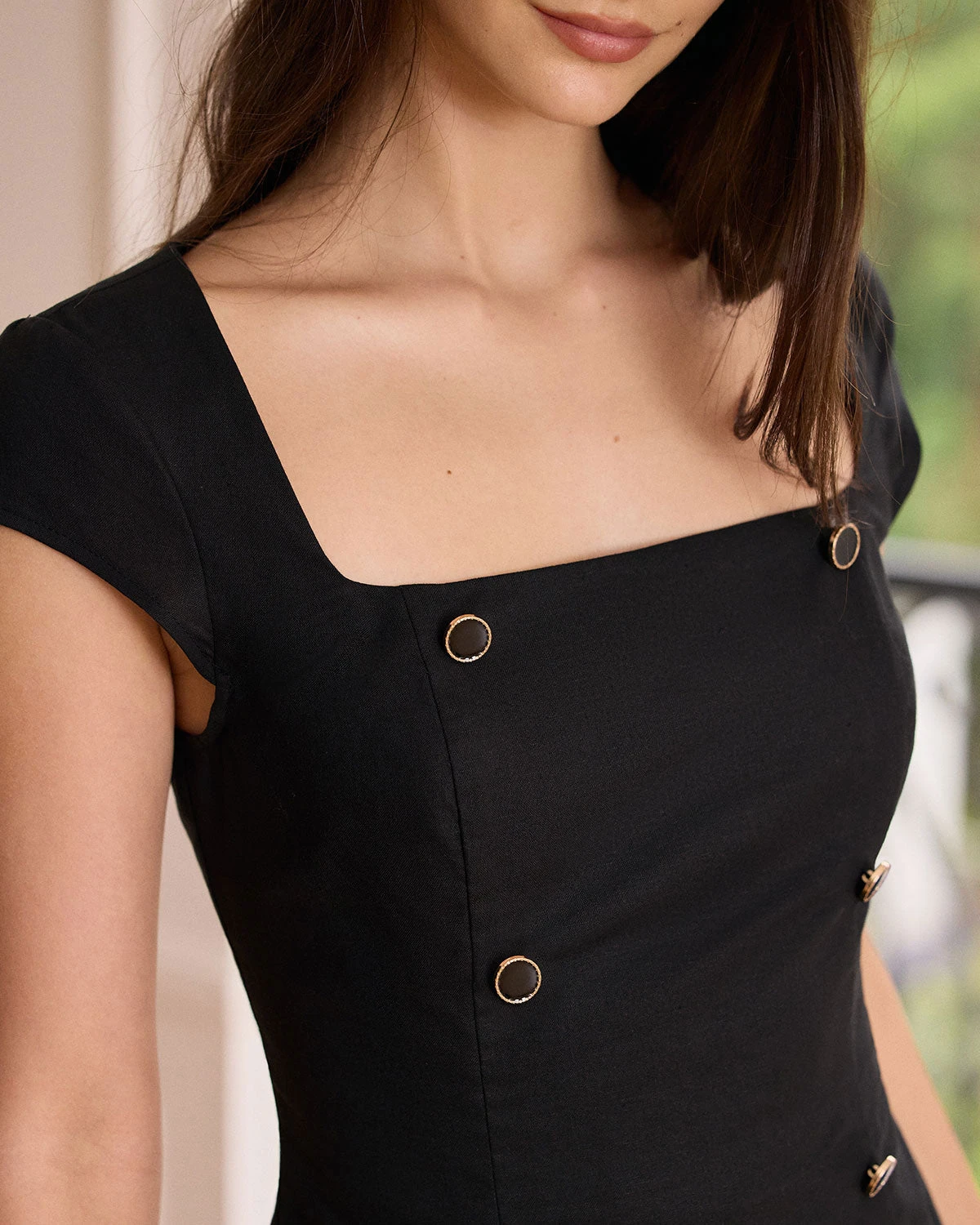 The Black Square Neck Button Cotton Linen Blouse 2 The Black Square Neck Button Cotton Linen Blouse - Image 2
