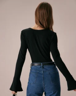 The Black Square Neck Slit Flare Sleeve Tee -Deals Dress N Swimwear Store the black square neck flare sleeve tee tops 7cz18f