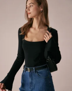 The Black Square Neck Slit Flare Sleeve Tee -Deals Dress N Swimwear Store the black square neck flare sleeve tee tops gqmdw5