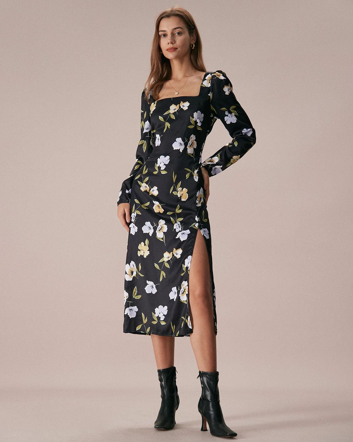 The Black Square Neck Floral Slit Midi Dress 1 The Black Square Neck Floral Slit Midi Dress