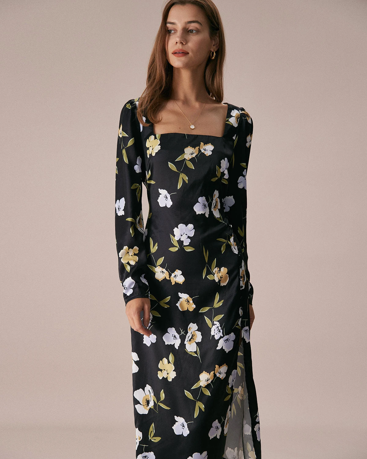 The Black Square Neck Floral Slit Midi Dress 2 The Black Square Neck Floral Slit Midi Dress - Image 2