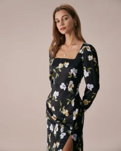 The Black Square Neck Floral Slit Midi Dress 9 The Black Square Neck Floral Slit Midi Dress -Deals Dress N Swimwear Store the black square neck floral midi dress dresses f4trvf