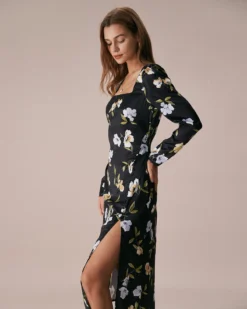 The Black Square Neck Floral Slit Midi Dress 8 The Black Square Neck Floral Slit Midi Dress -Deals Dress N Swimwear Store the black square neck floral midi dress dresses wktn7p
