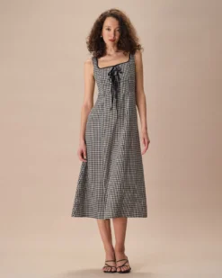 The Black Square Neck Tie Plaid Midi Dress -Deals Dress N Swimwear Store the black square neck tie plaid midi dress dresses 9vxwtk