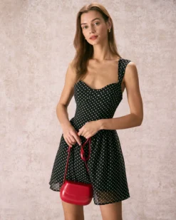 The Black Sweetheart Neck Polka Dot Mini Dress